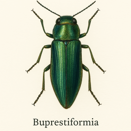 Image stylisée d’un coléoptère métallique typique de Buprestiformia